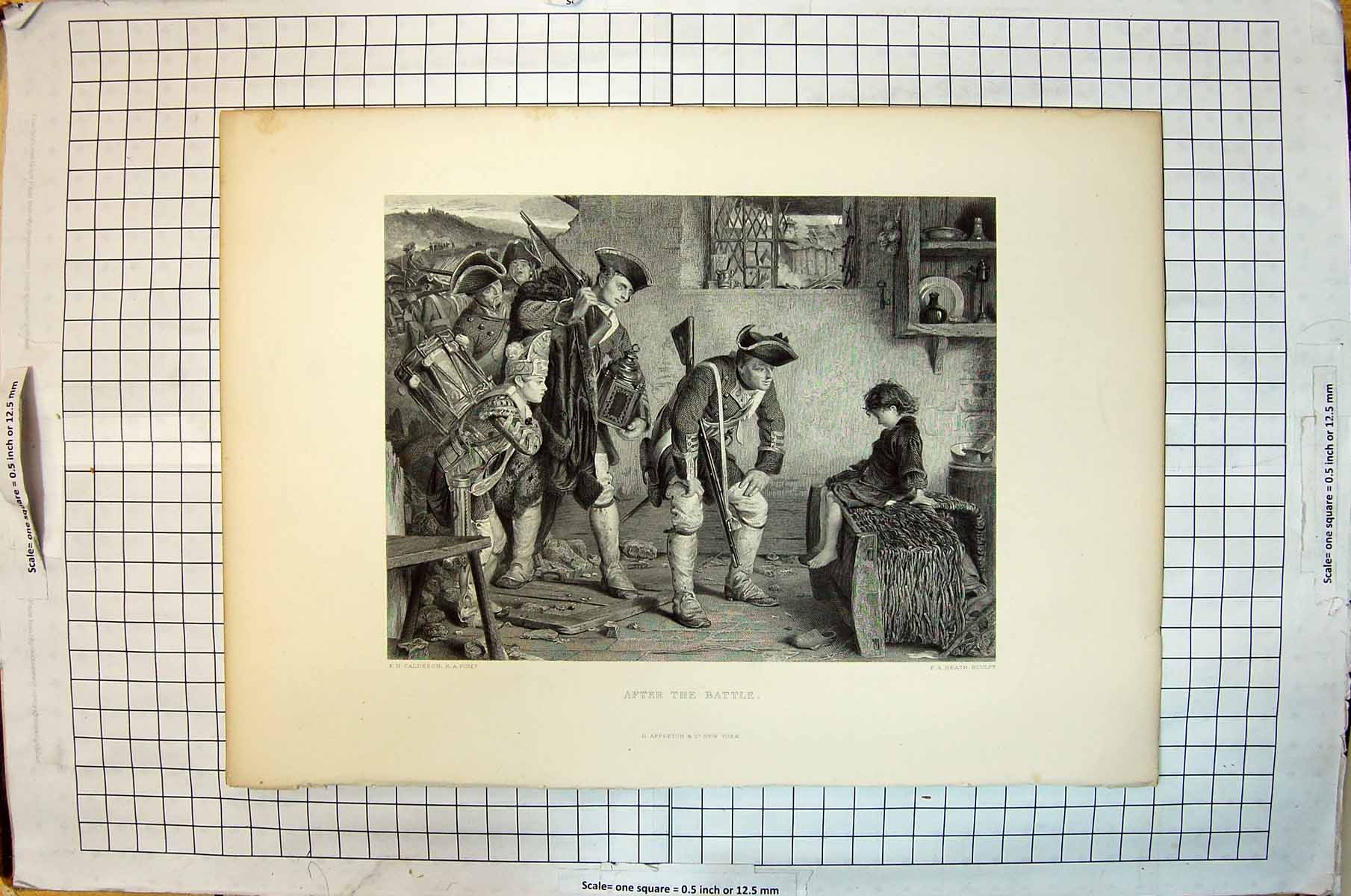 Original Old Antique Print Young Girl War Siers After The Battle Heath Calderon