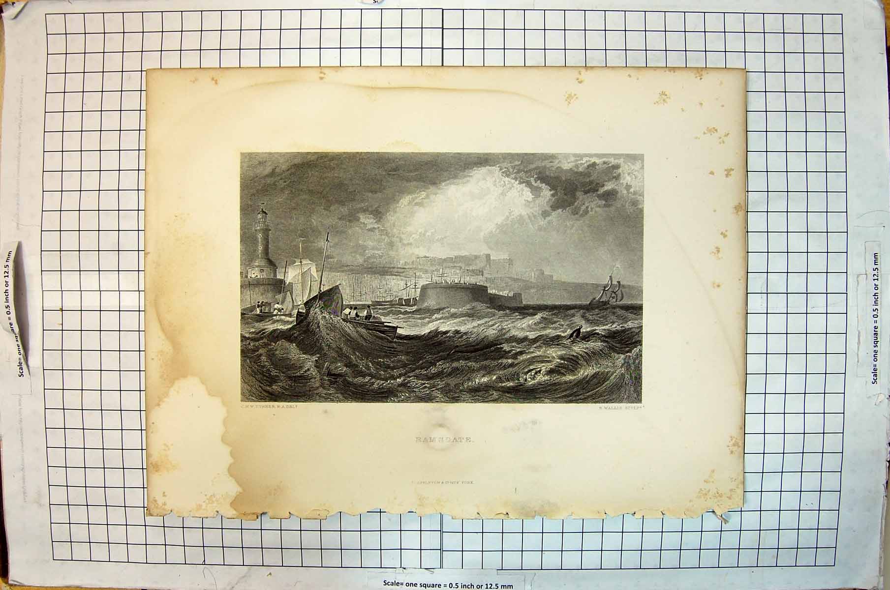 Original Old Antique Print View Ramsgate Lighthouse Fort England Wallis Turner
