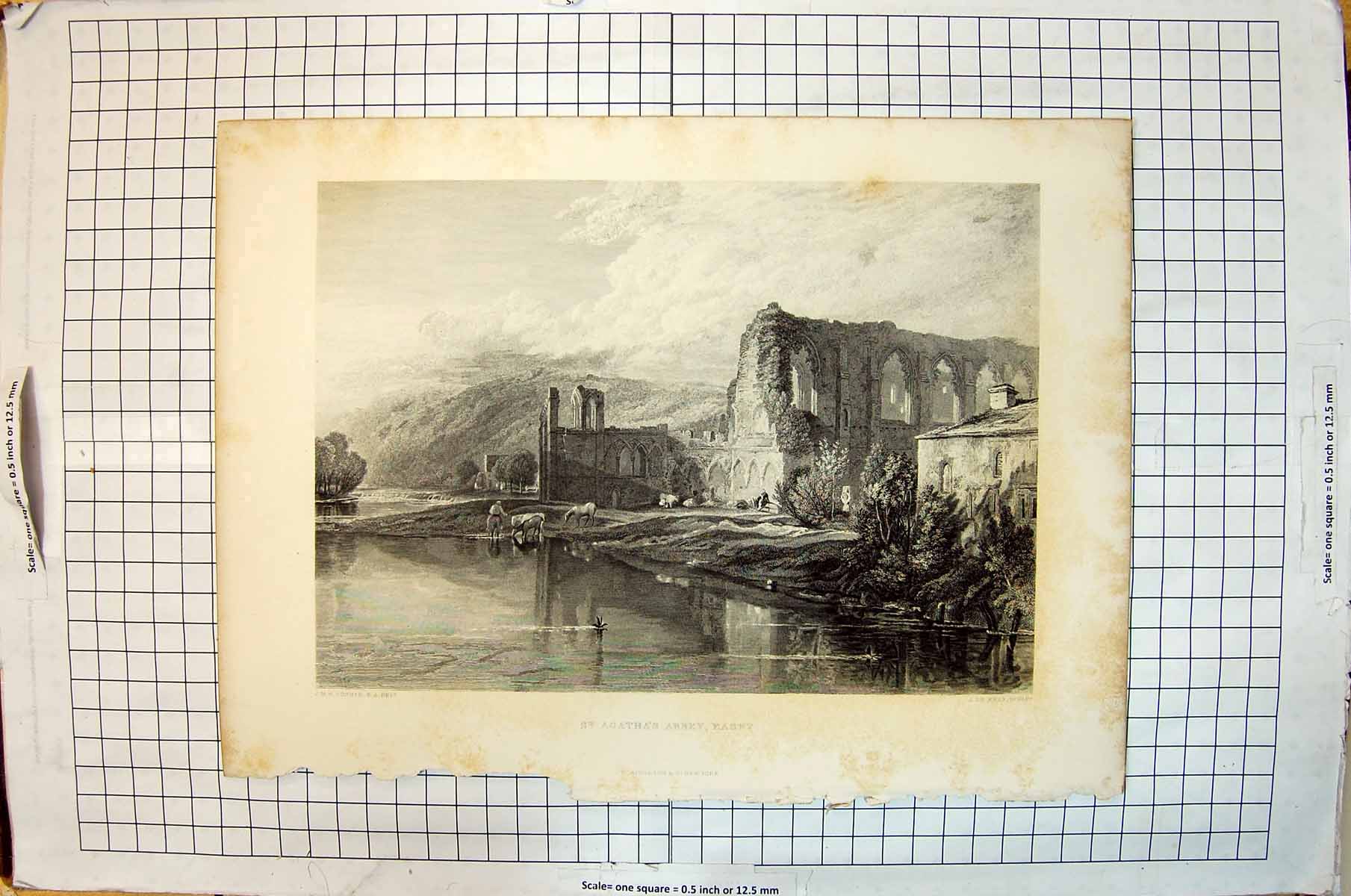Antique Old Print St. Agatha'S Abbey Easby Ruins Architecture Le Reux Turner