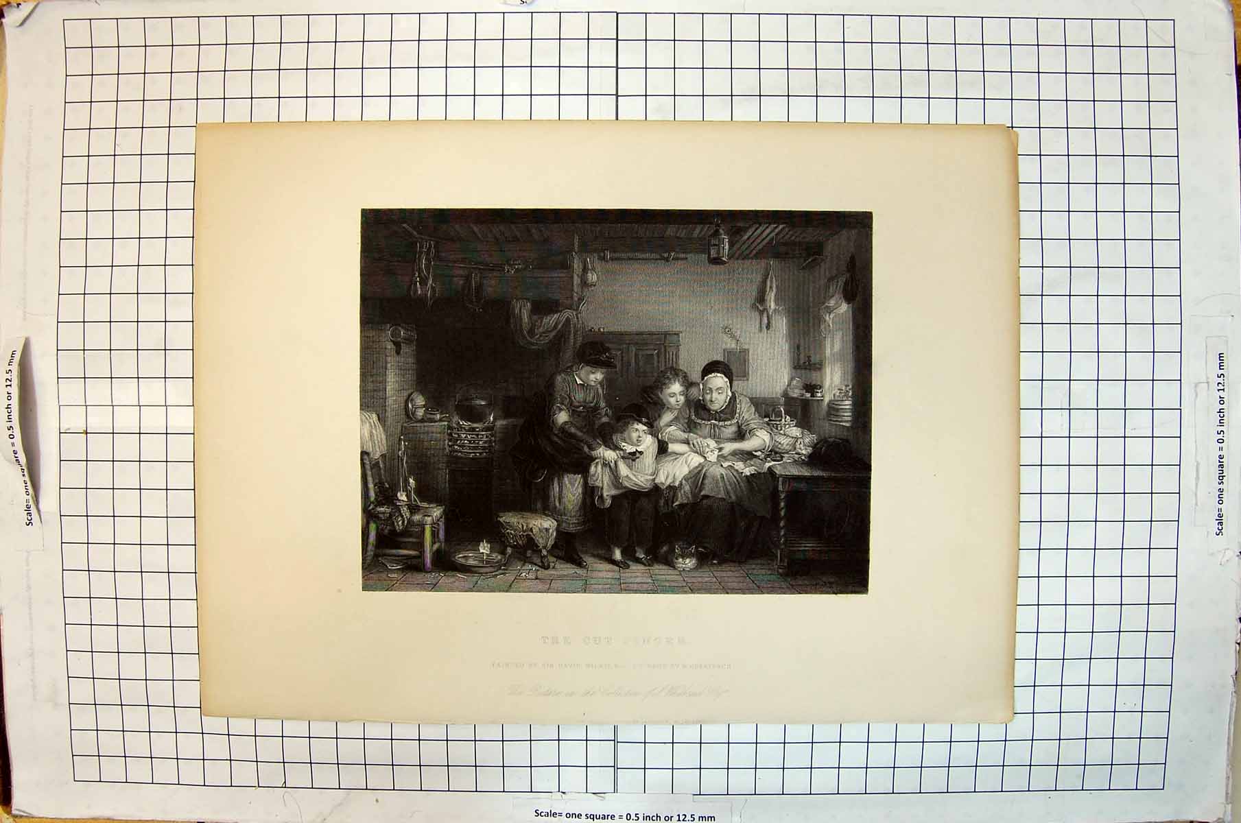 Original Old Antique Print Children Cut Finger Kitchen Scene Wilkie Greatbach