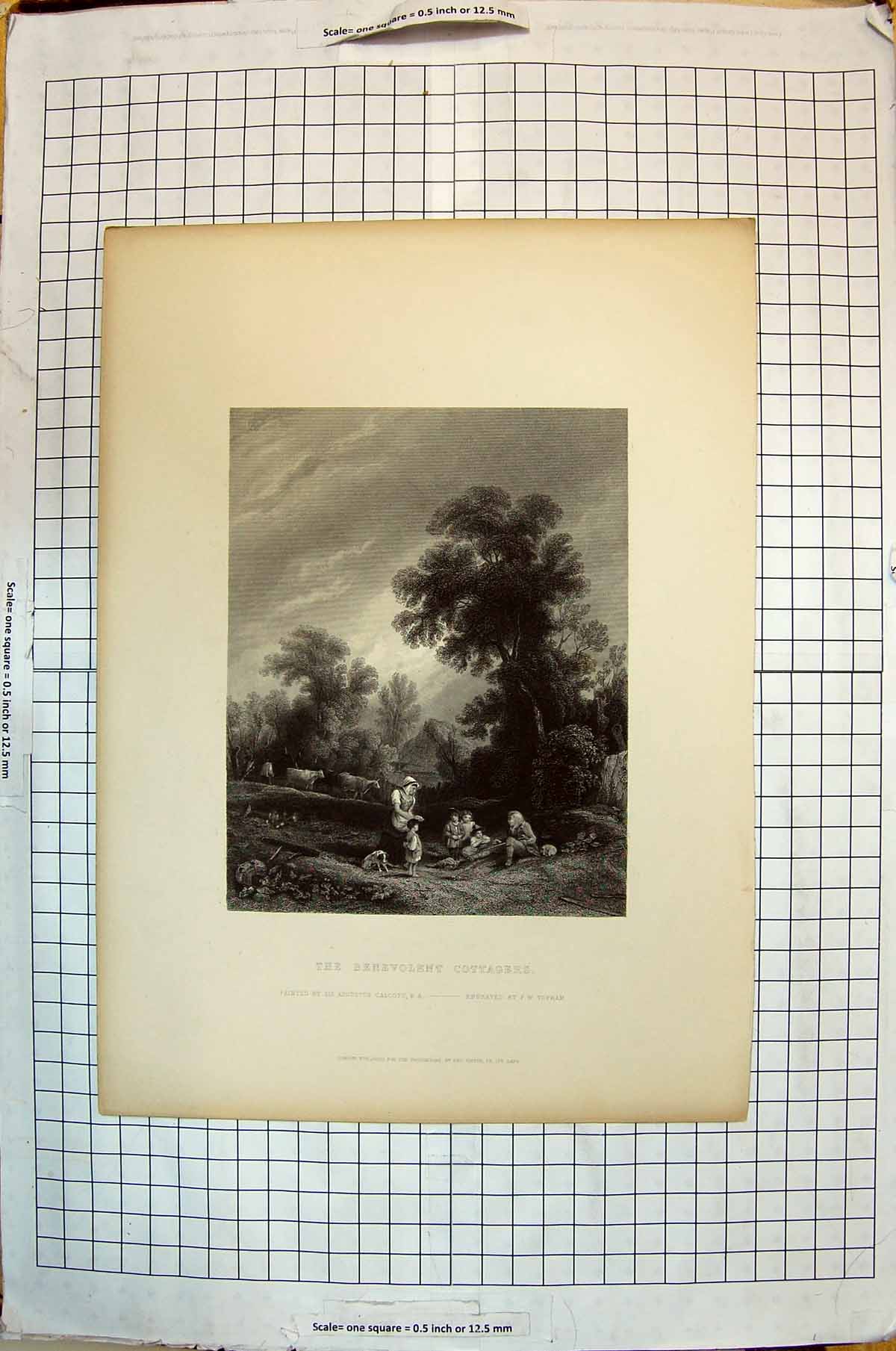 Old Print Engraving Benevolent Cottages Family Farm Scene Topham Calcott