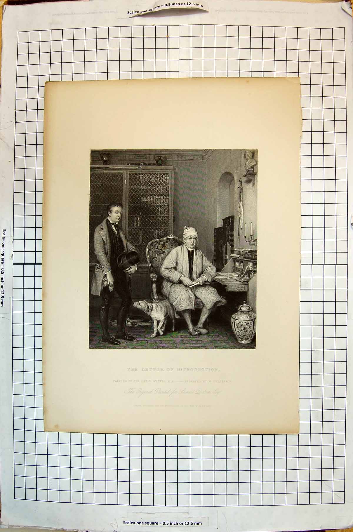 Antique Old Print Letter Introduction Men House Meeting Dog Wilkie Greatbach