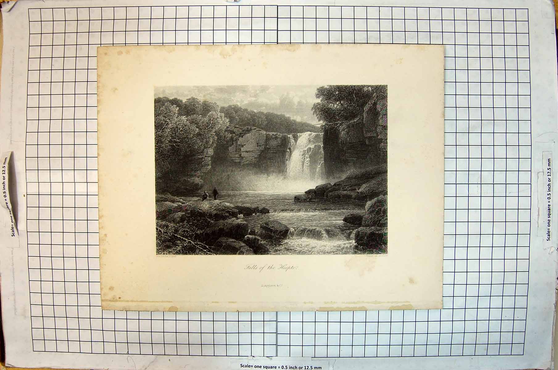 Antique Old Print River Falls Hespte Cliffs Trees Heawood Smithe Engraving
