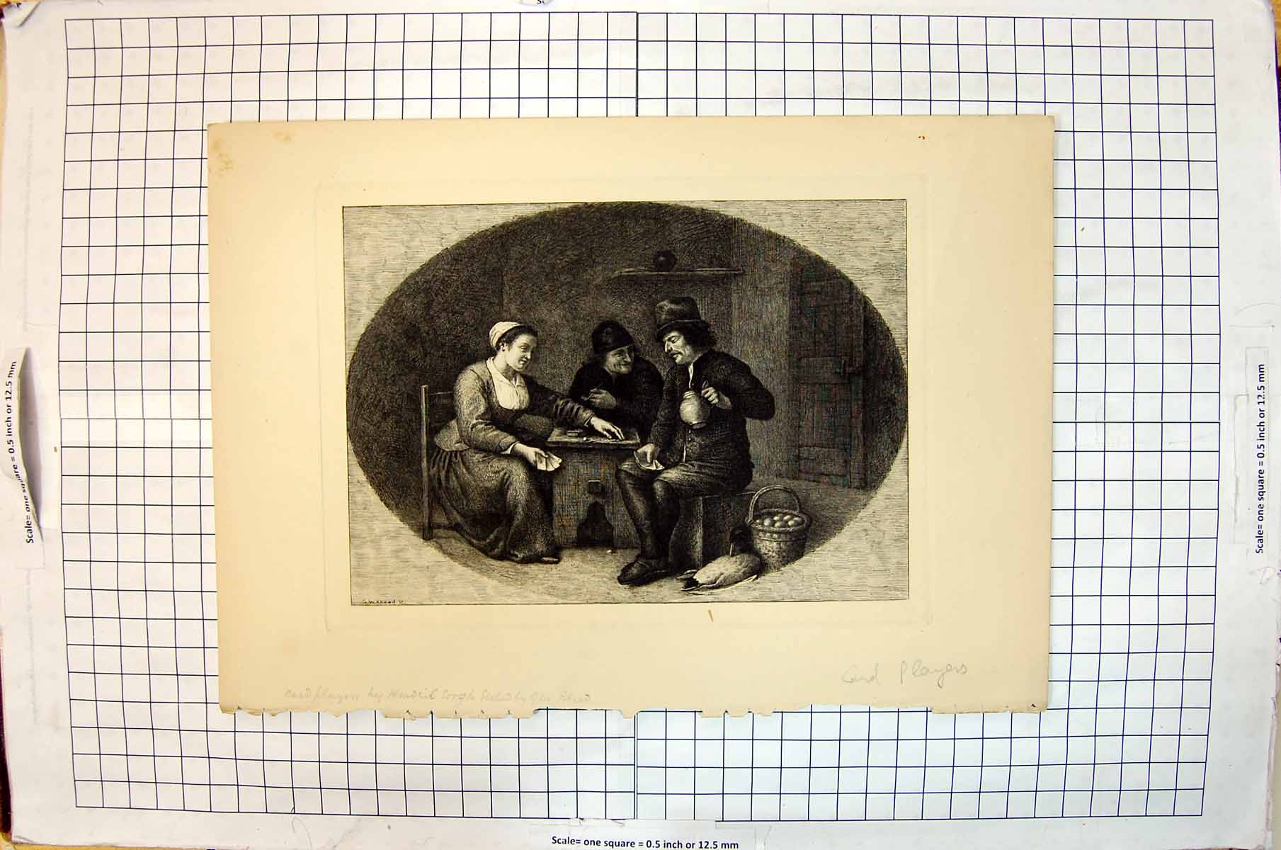 Original Old Antique Print Men Lady Card Players Game Table 18th Century