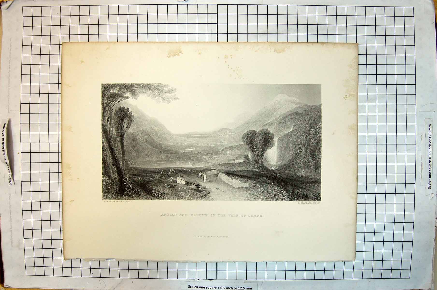 Antique Old Print Apollo Daphne Vale Tempe Mountains Cliffs Brandard Turner