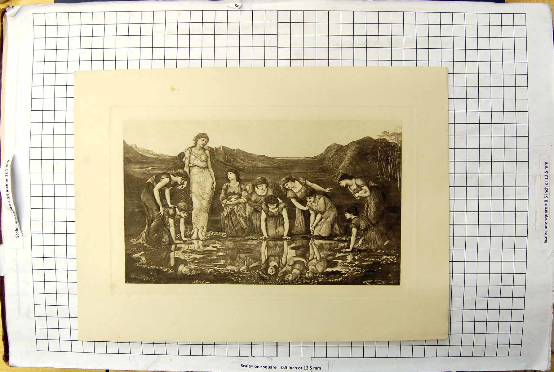 Original Old Antique Print Beautiful Ladies Washing Pool Mountains Scene