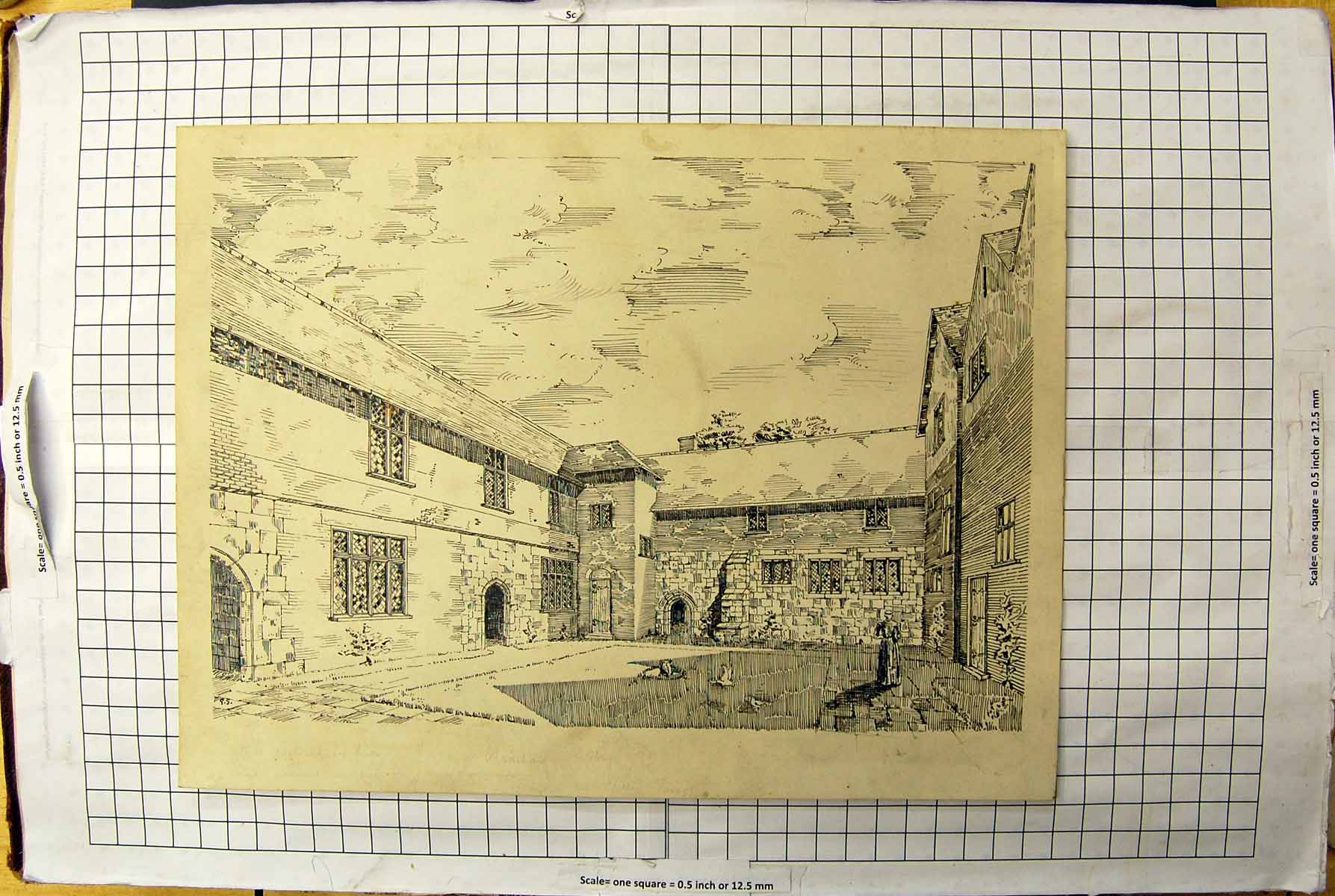 Original Old Antique Print Wroxhall Abbey Building Architecture