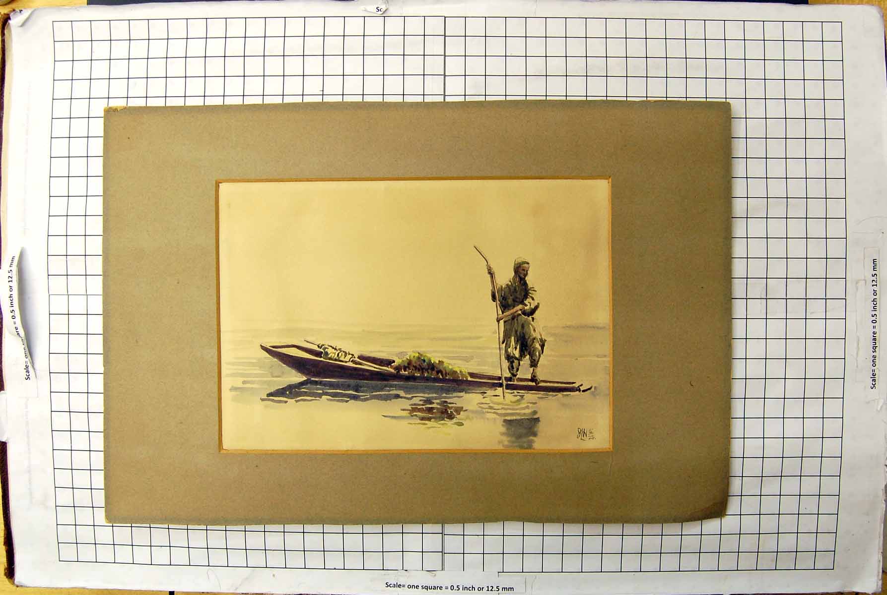 Antique Old Print Colour Man Standing Rowing Boat Sea Scene Fishing Seeweed