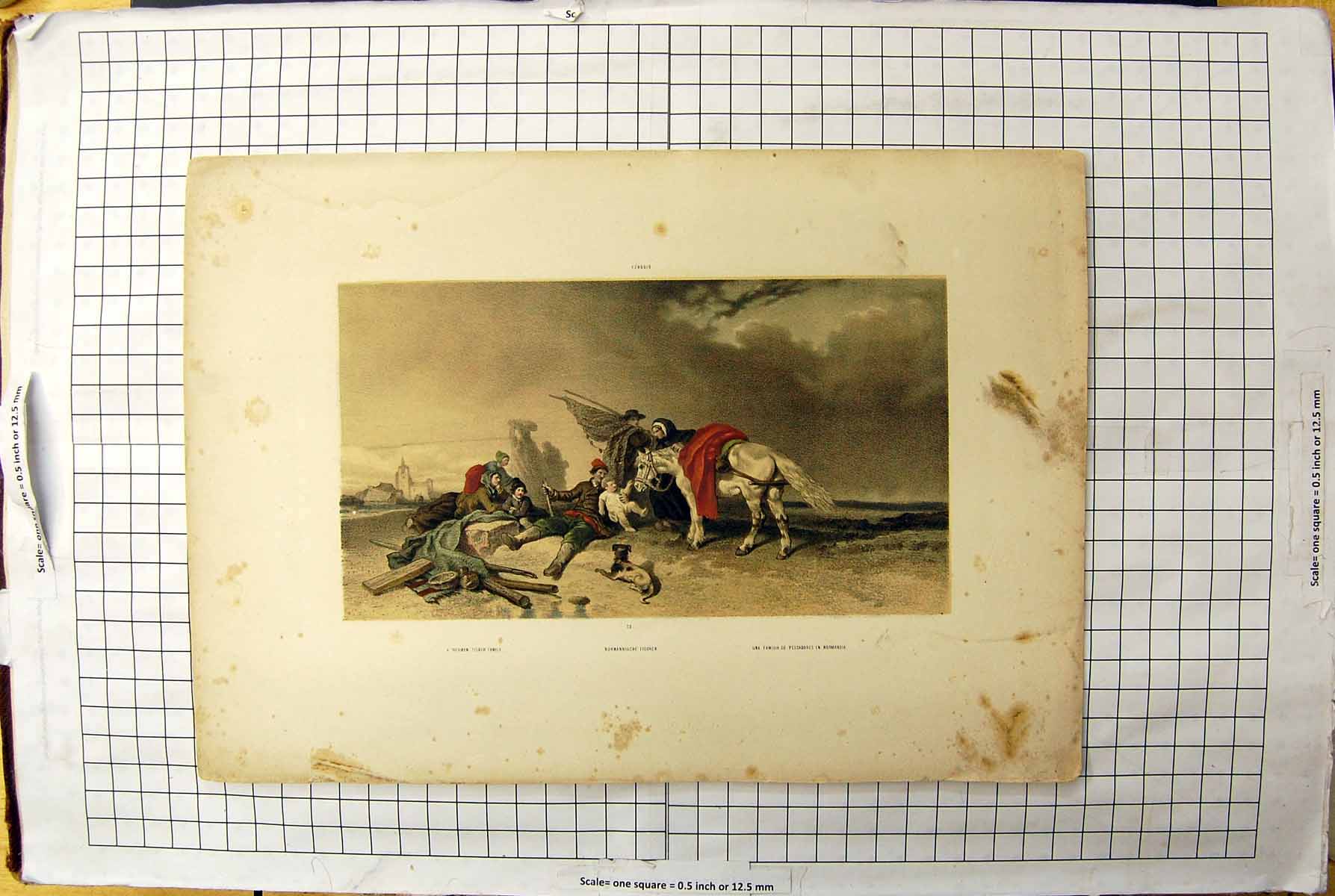 Original Old Antique Print Colour Norman Fisher Family Beach Scene Horse Dog
