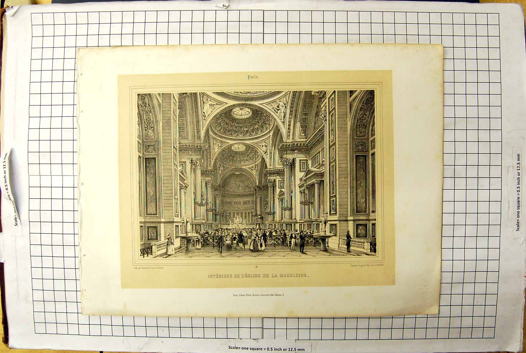 Antique Old Print Interieur L'Eglise Madeleine Interior Building Architecture
