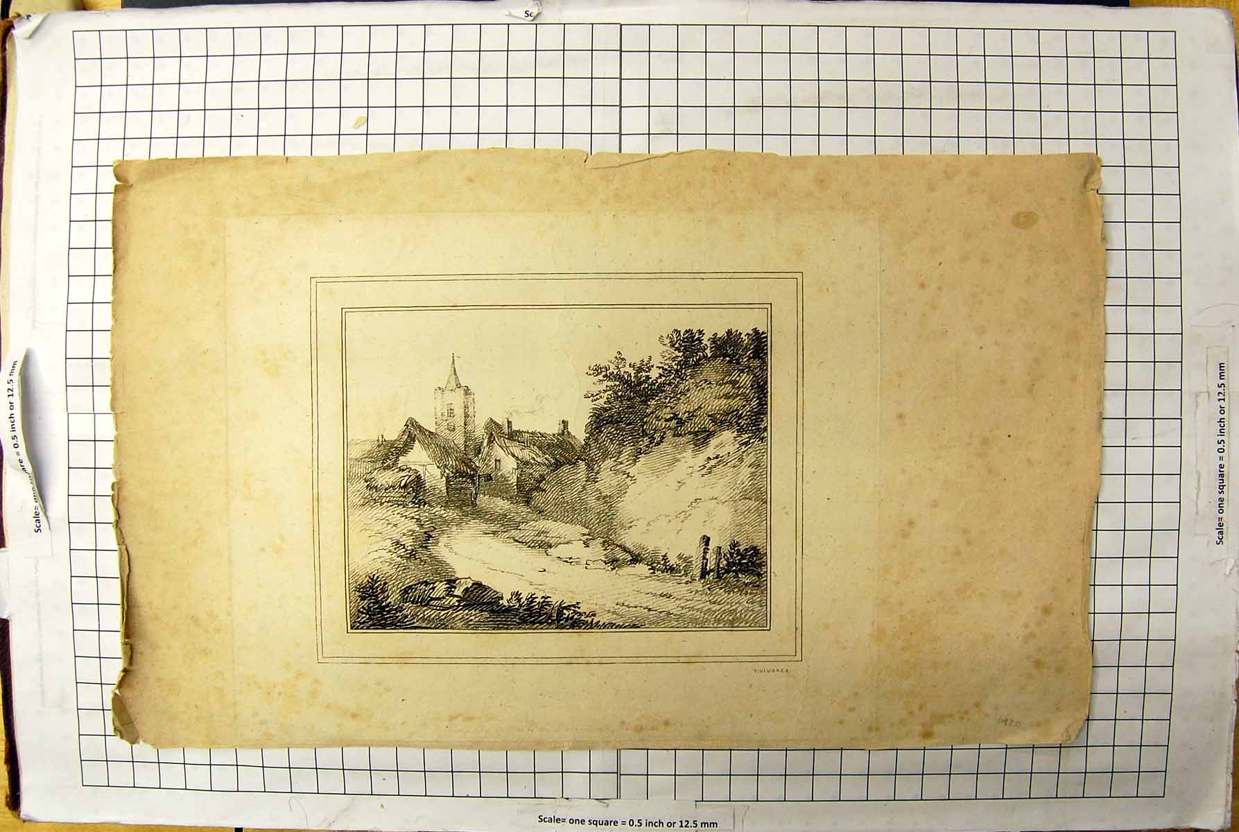 Original Old Antique Print Sketch Church Buildings Countryside Vivares