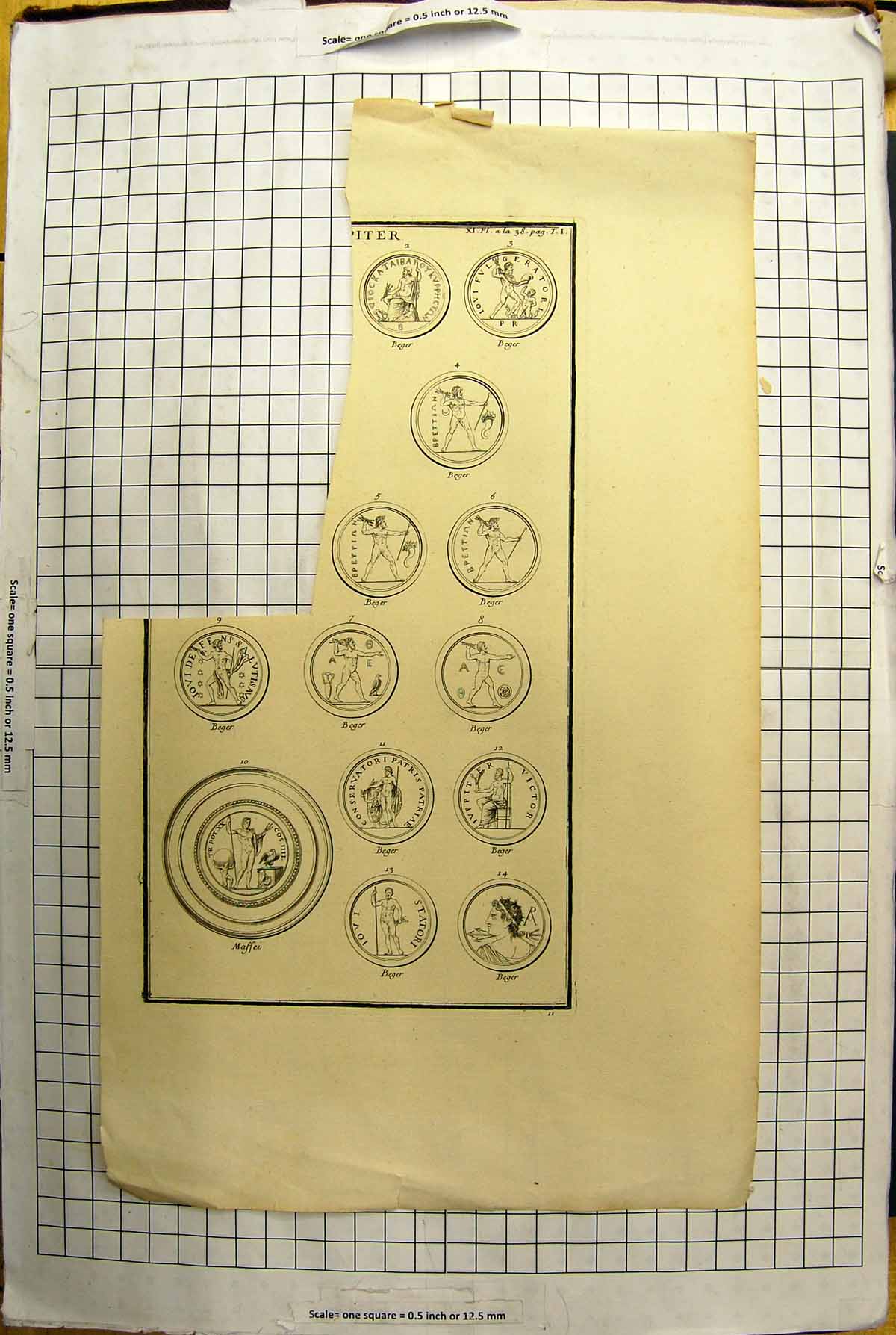 Original Old Antique Print Damaged Coins Medals Beger Statori Victor