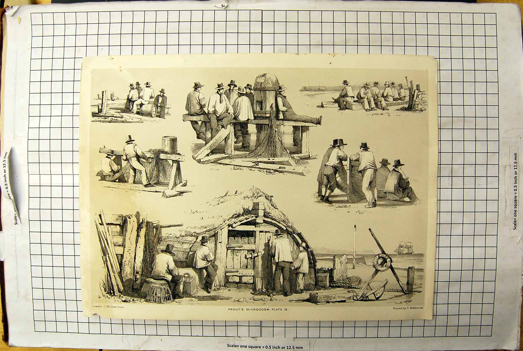 Old Antique Print Prout'S Microcosm Plate Fishing Boats Fishermen Ref.2