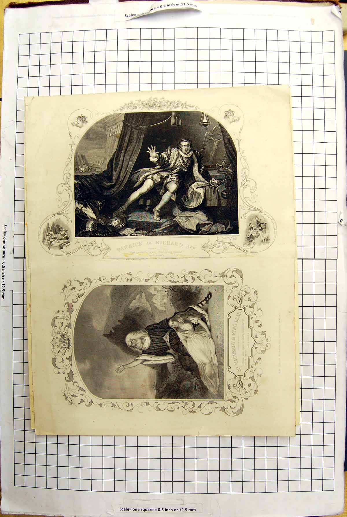 Antique Old Print Engraving Garrick Richard Macready King Lear Theatre Actors
