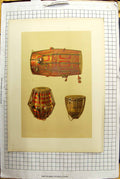 Original Old Antique Print Colour Drums Musical Instruments