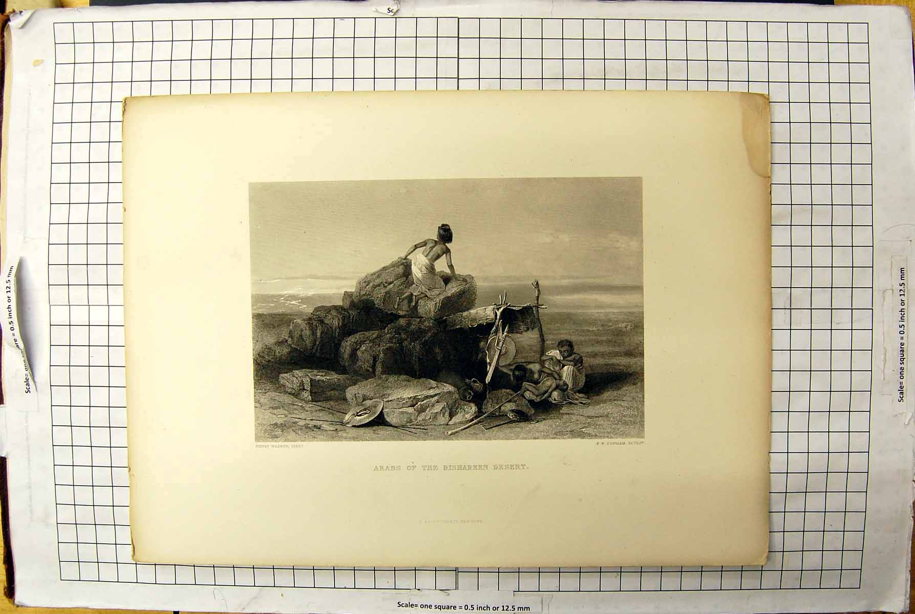Original Old Antique Print Engraving Arabs Bishareen Desert Henry Warren Topham