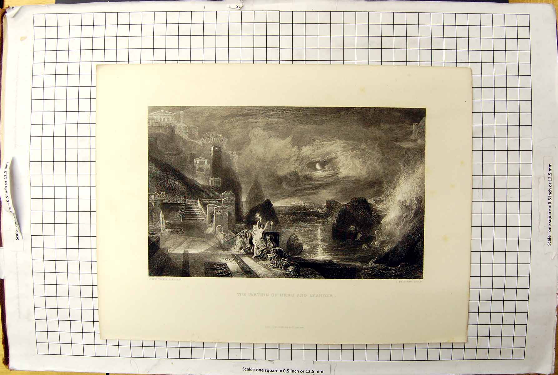 Original Old Antique Print Engraving Parting Hero Leander Turner Bradshaw