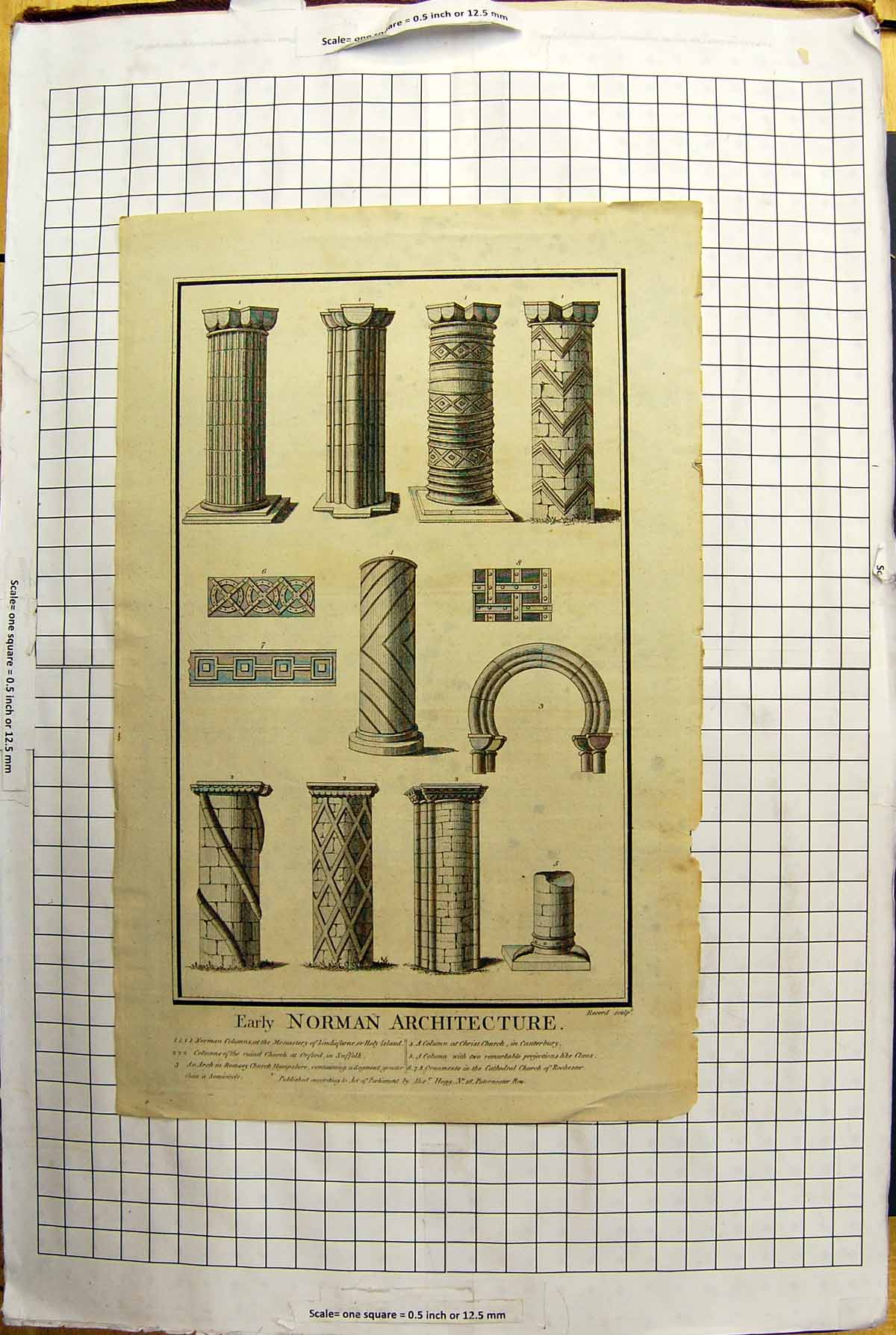 Antique Old Print Early Norman Architecture Monastery Lindisfarne Canterbury