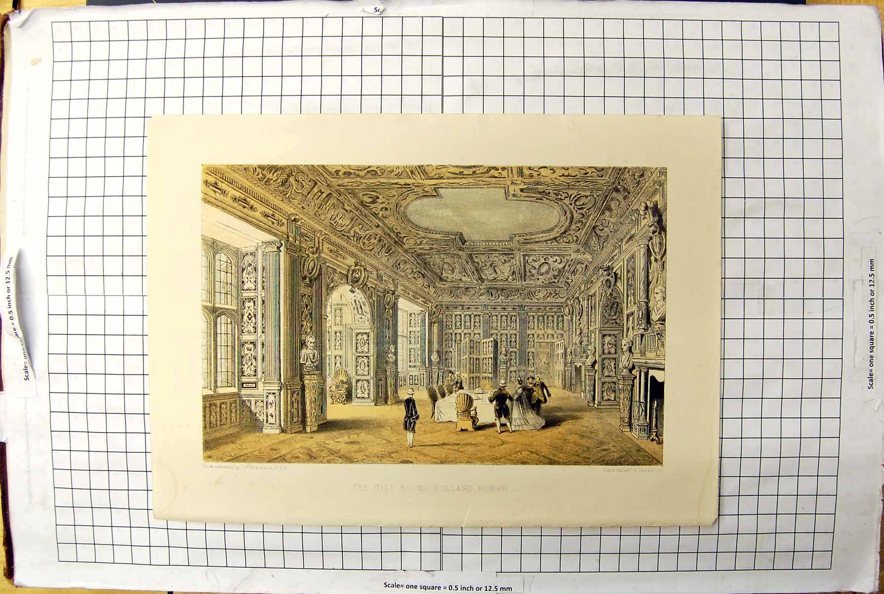 Old Antique Print Colour Gilt Room Holland House Architecture Richardson