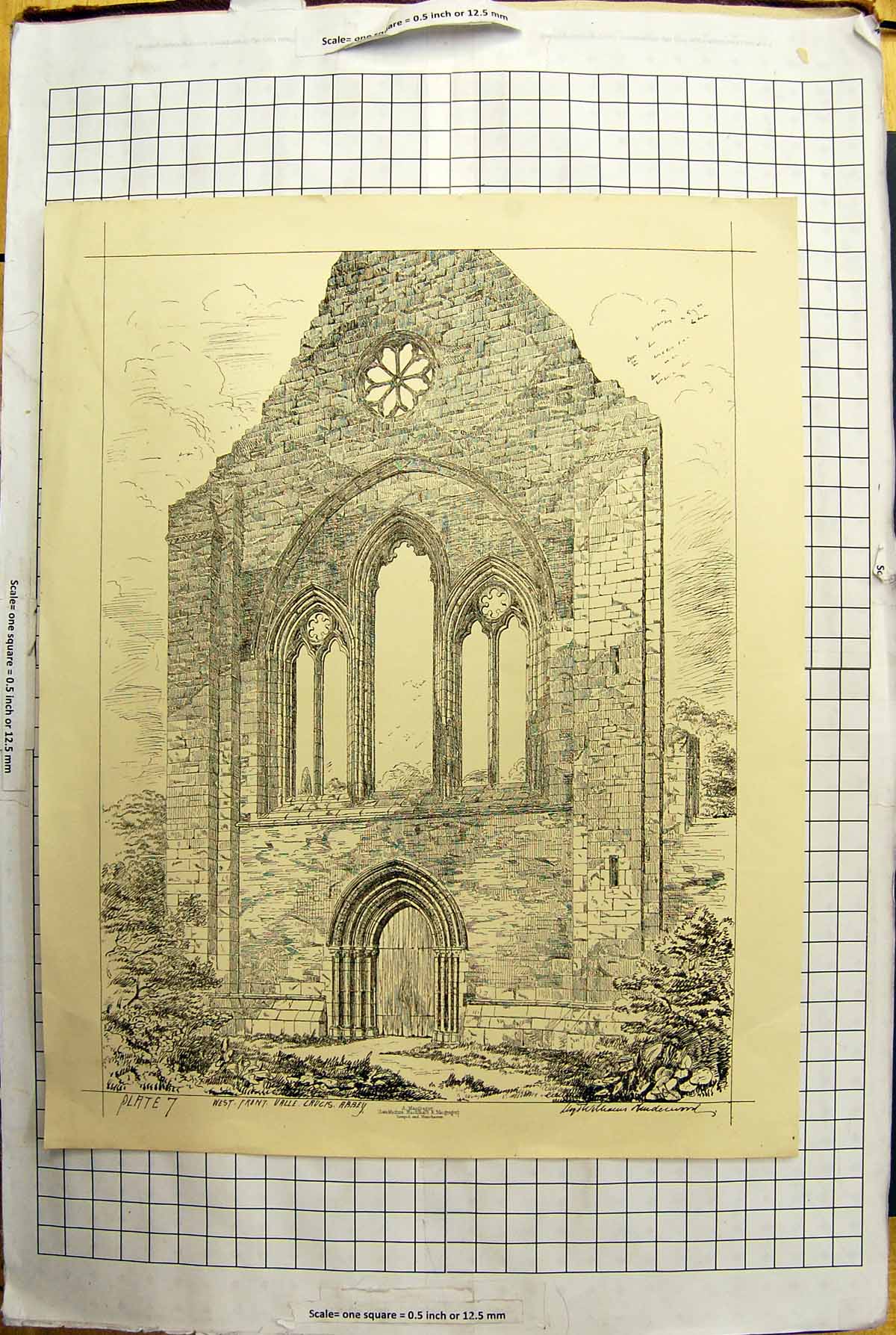 Original Old Antique Print West Front View Valle Crucis Abbey Architecture