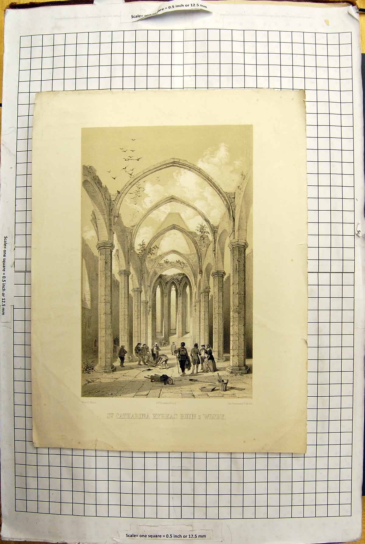 Old Antique Print Engraving Architecture St. Catharina Kyrkas Ruin Wisby