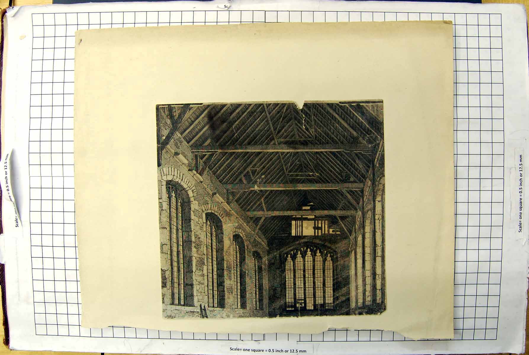 Original Old Antique Print Engraving Interior Building Rafters Architecture