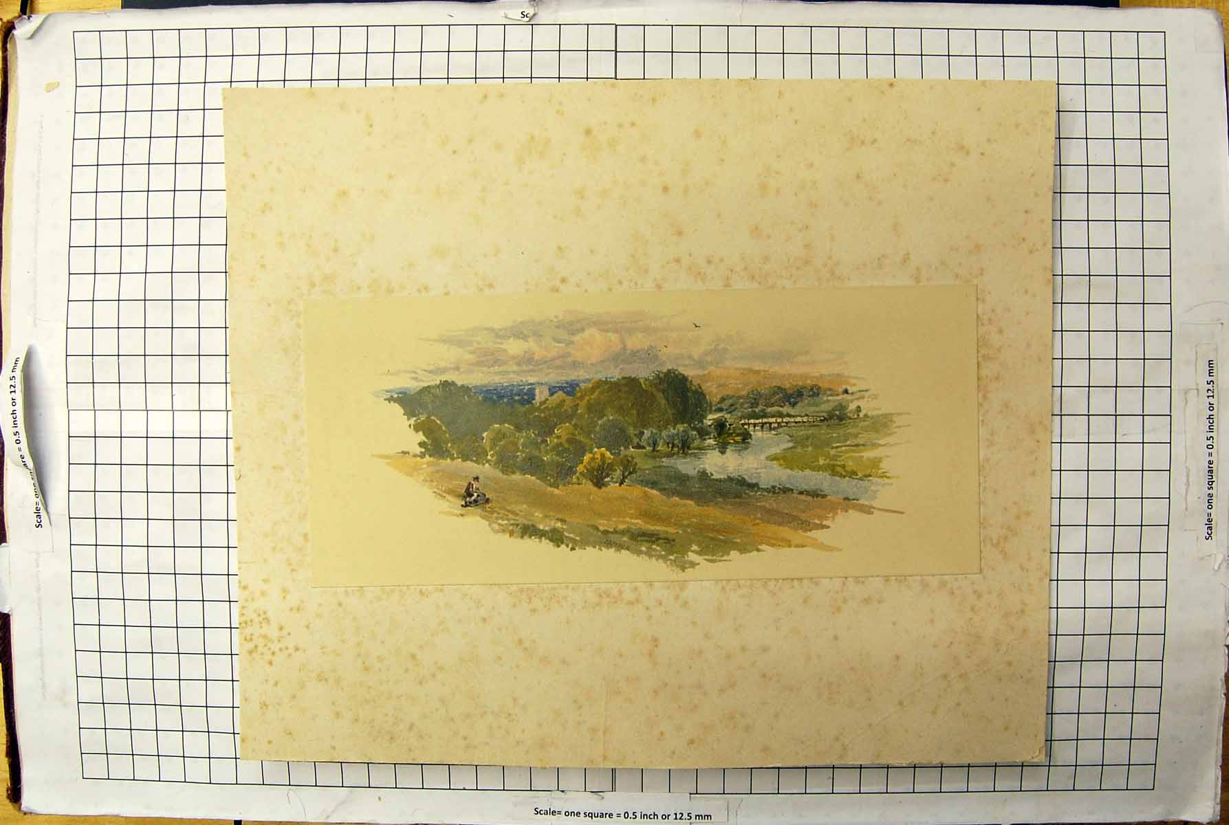 Original Old Antique Print Colour Landscape Countryside View Trees River