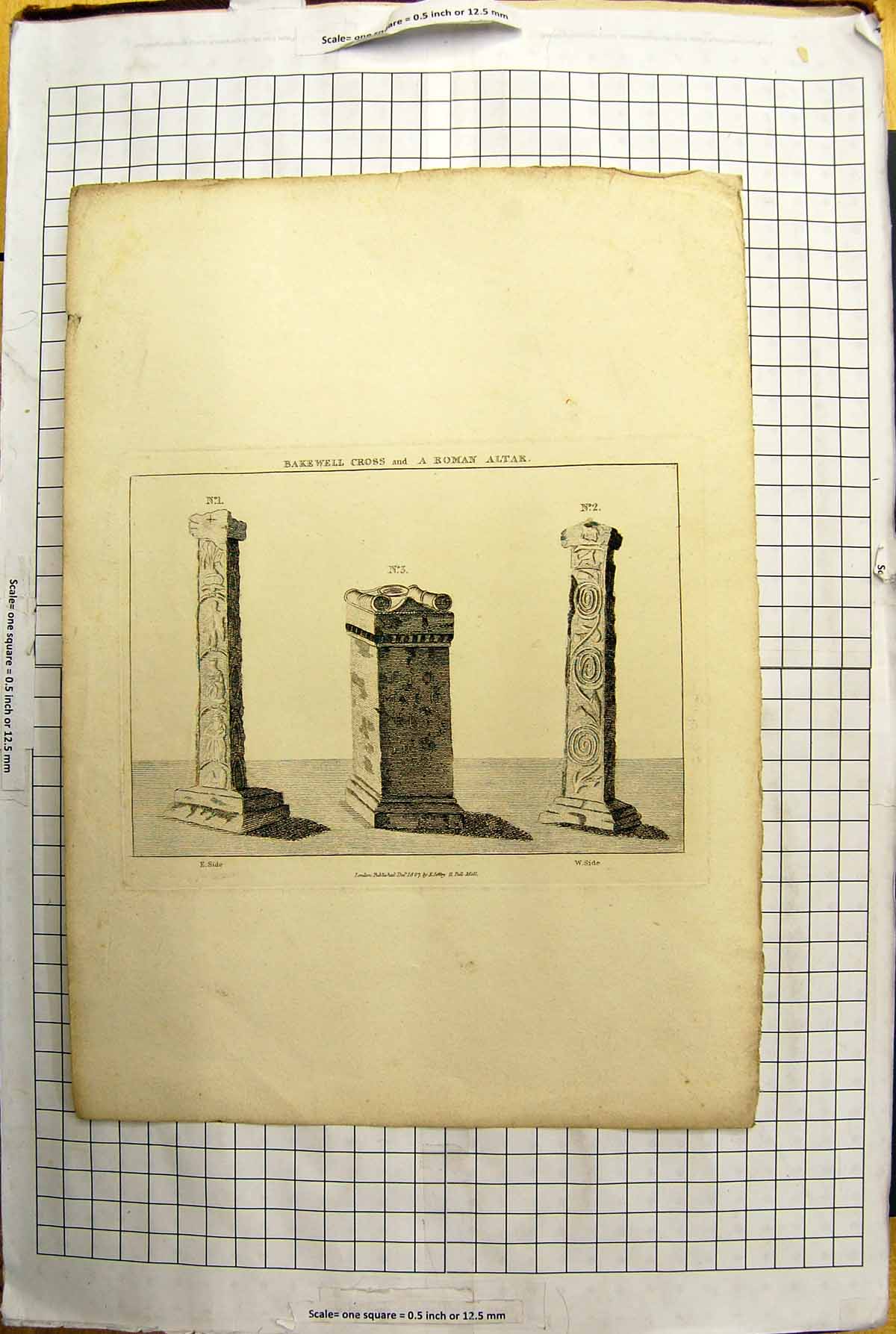 Old Antique Print 1807 Bakewell Cross Roman Altar Engraving Archaeology 19th