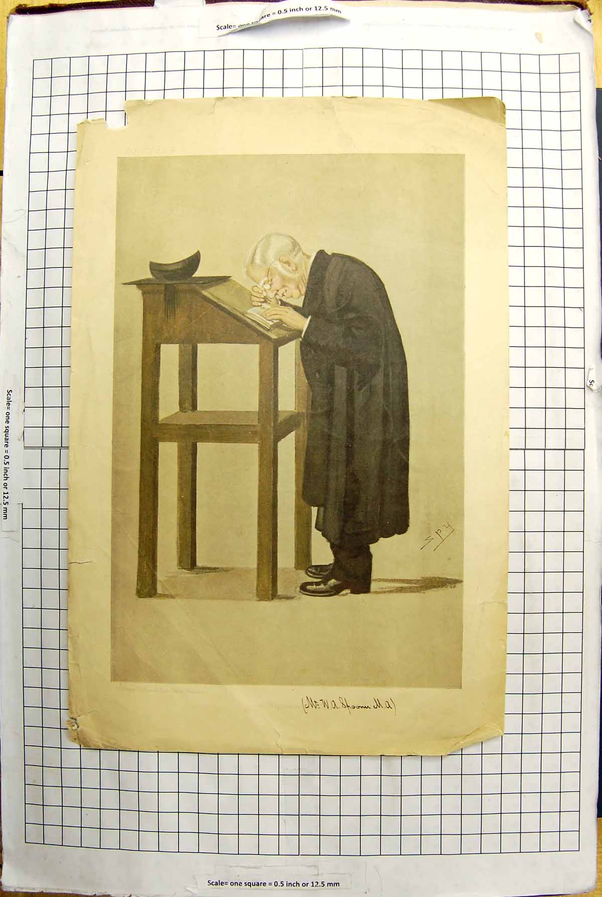 Original Old Antique Print Colour Portrait Spooner Man Reading Book Desk