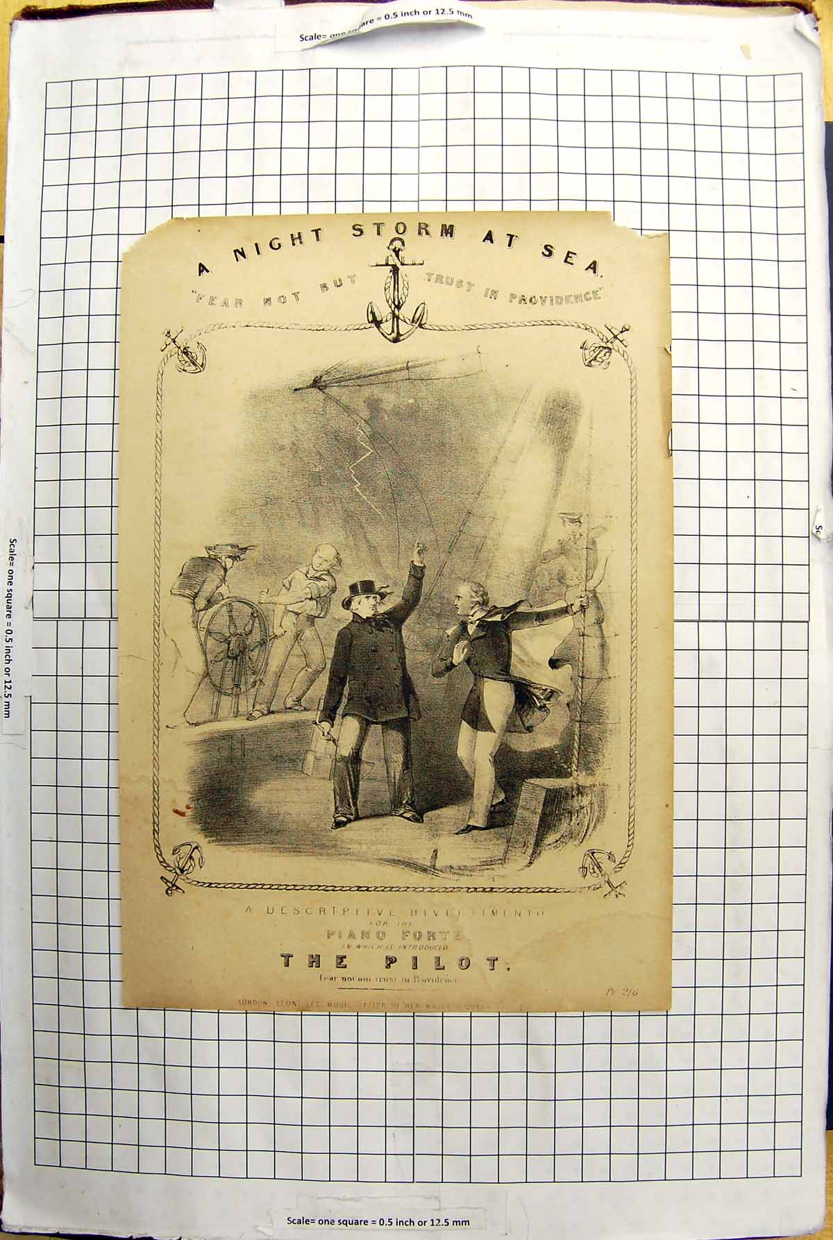Original Old Antique Print Engraving Ship Scene Storm Sea Sailors Navy Anchor