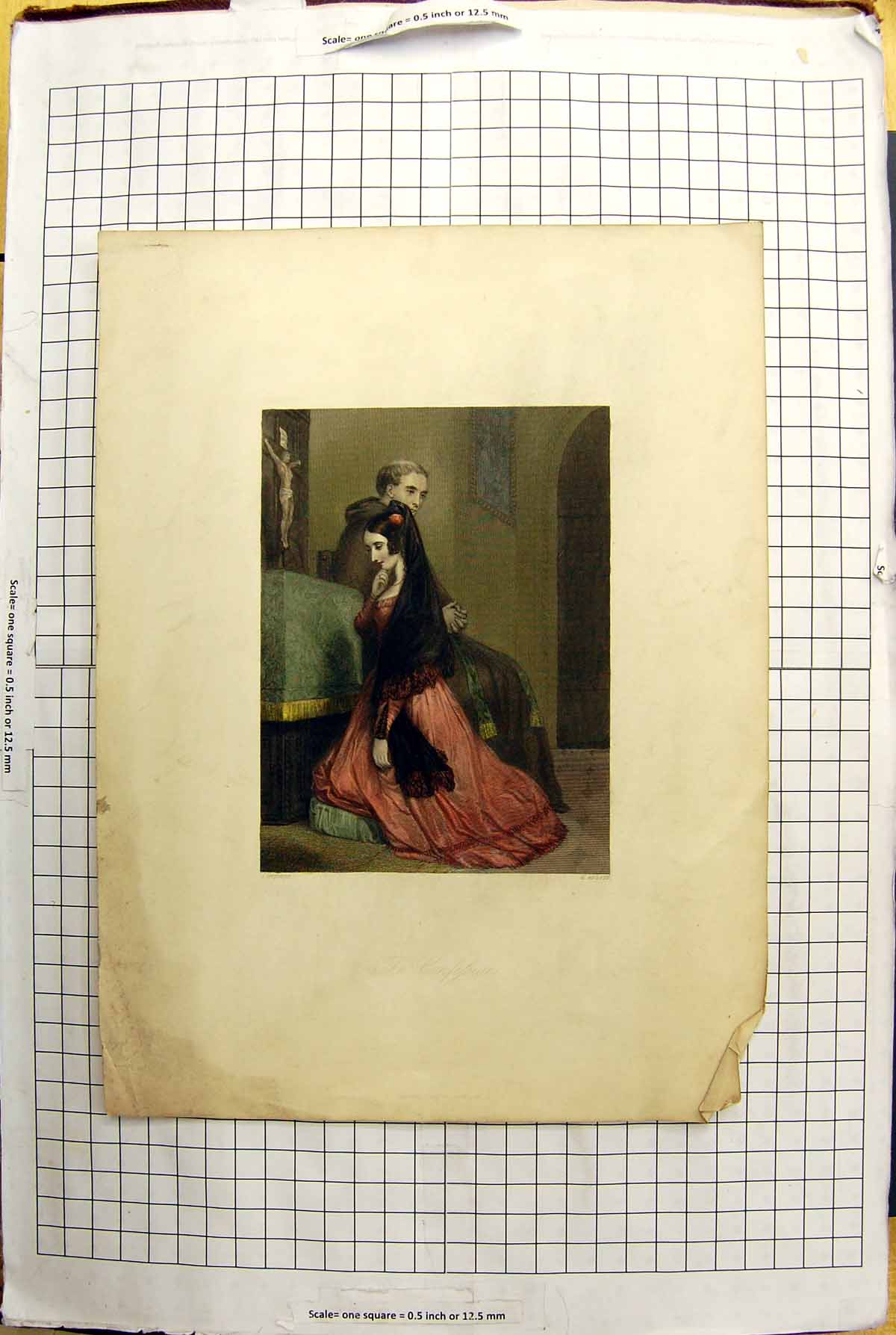 Original Old Antique Print Colour Confession Beautiful Lady Priest Church Scene