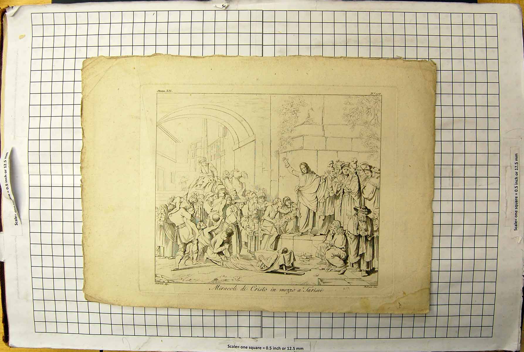 Original Old Antique Print Engraving Miracoli Criston Mezzo Farisei 20th