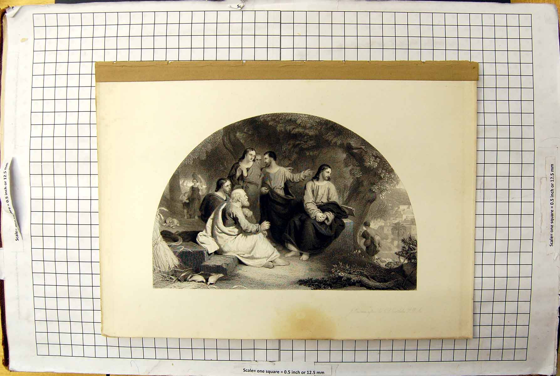 Original Old Antique Print Engraving Men Meeting Trees Houses Buildings 20th
