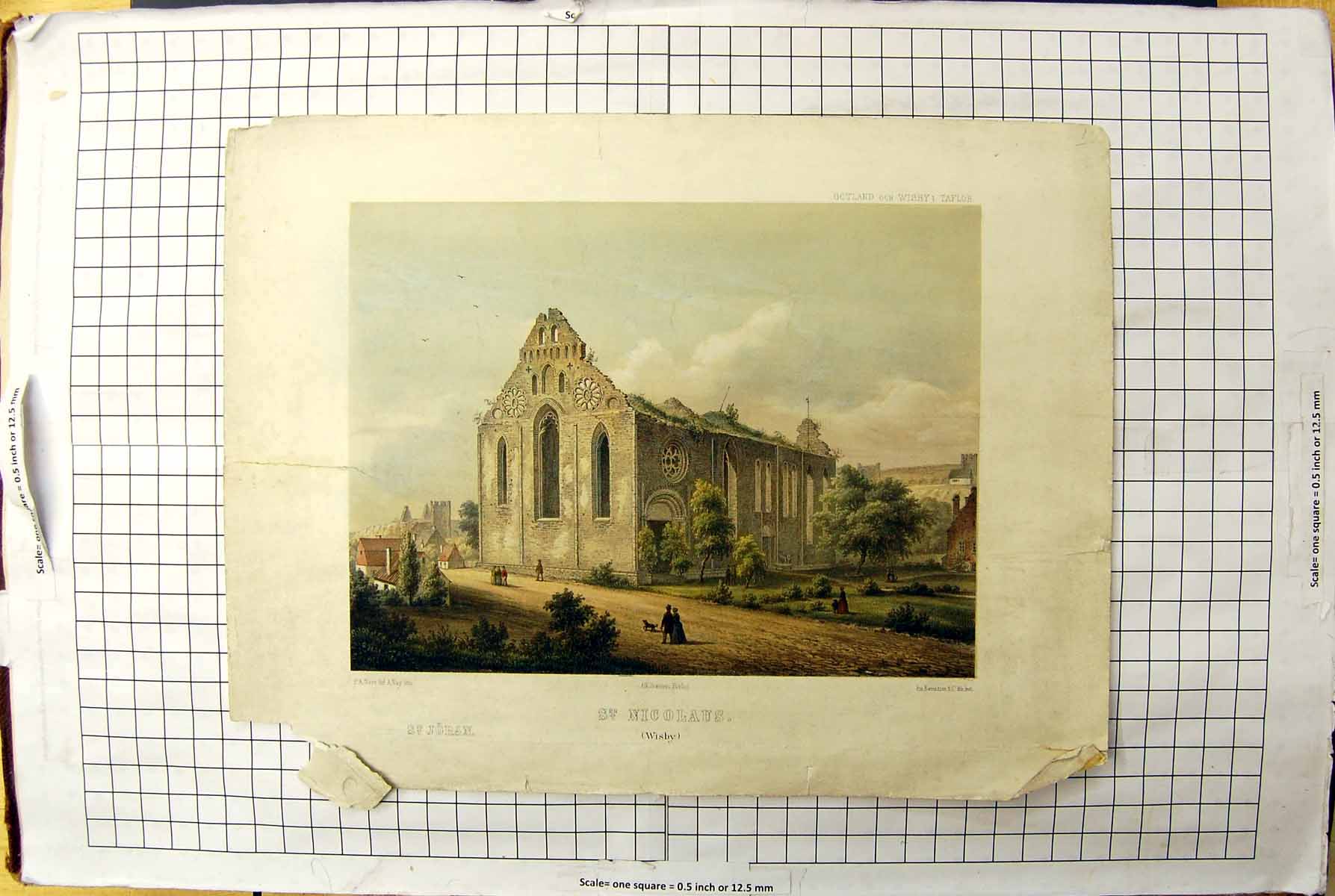 Old Antique Print Colour Engraving St. Nicolaus Wisby Church Architecture 20th