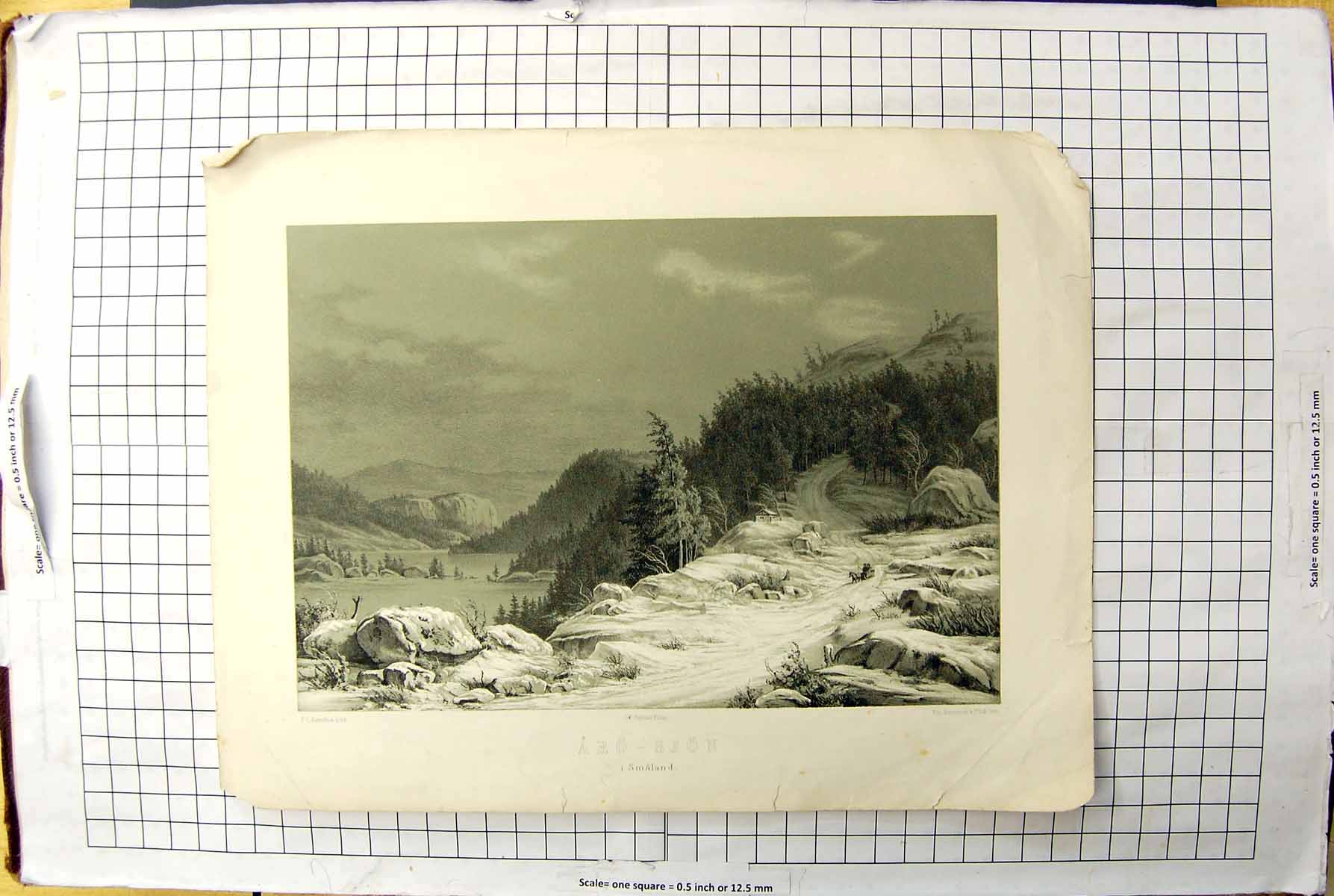 Old Antique Print Engraving Aro-Sjon Smaland Mountains Trees River Scene 20th
