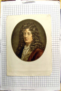 Original Old Antique Print Colour Portrait Man Long Curly Brown Hair 20th