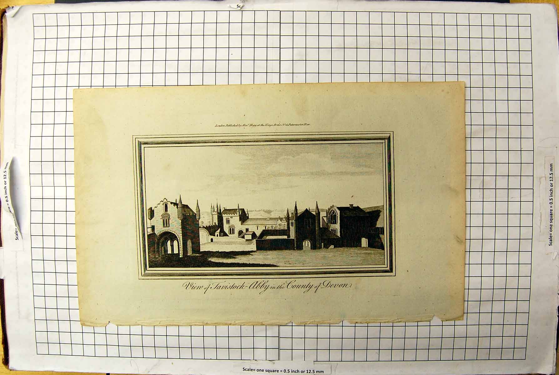 Old Engraving View Tavistock Abbey County Devon England Architecture