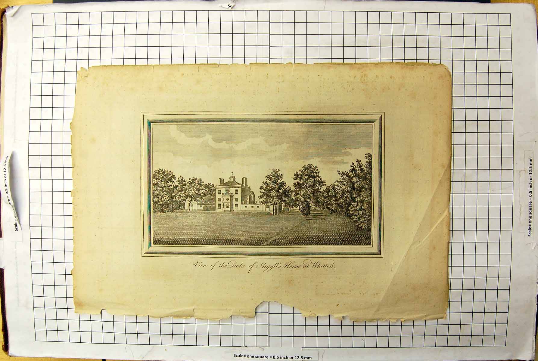 Old Engraving View Duke Argyll House Whitton Garden Scene Architectur