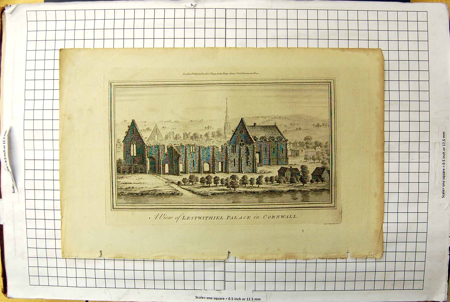 Old Print Engraving View Lestwithiel Palace Cornwall England Architecture