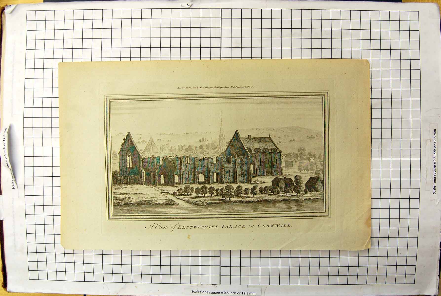 Antique Old Print Engraving View Lestwithiel Palace Cornwall England Ruins