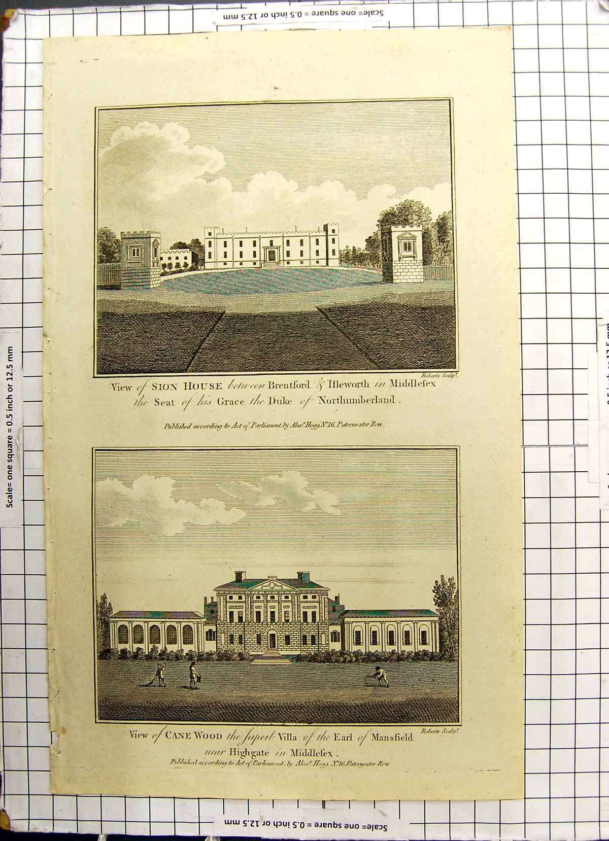 Antique Print Sion House Duke Northumberland Cane Wood Earl Mansfield Villa