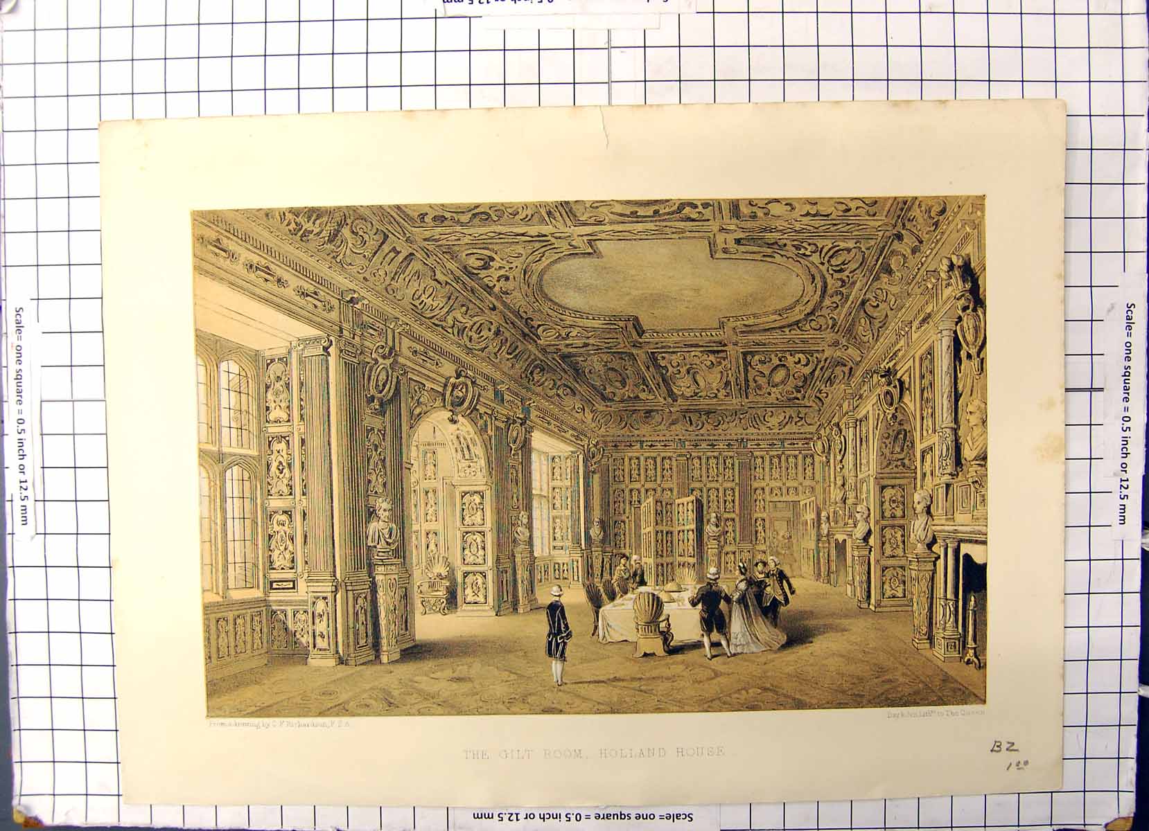 Original Old Antique Print Gilt Room Holland House Richardson