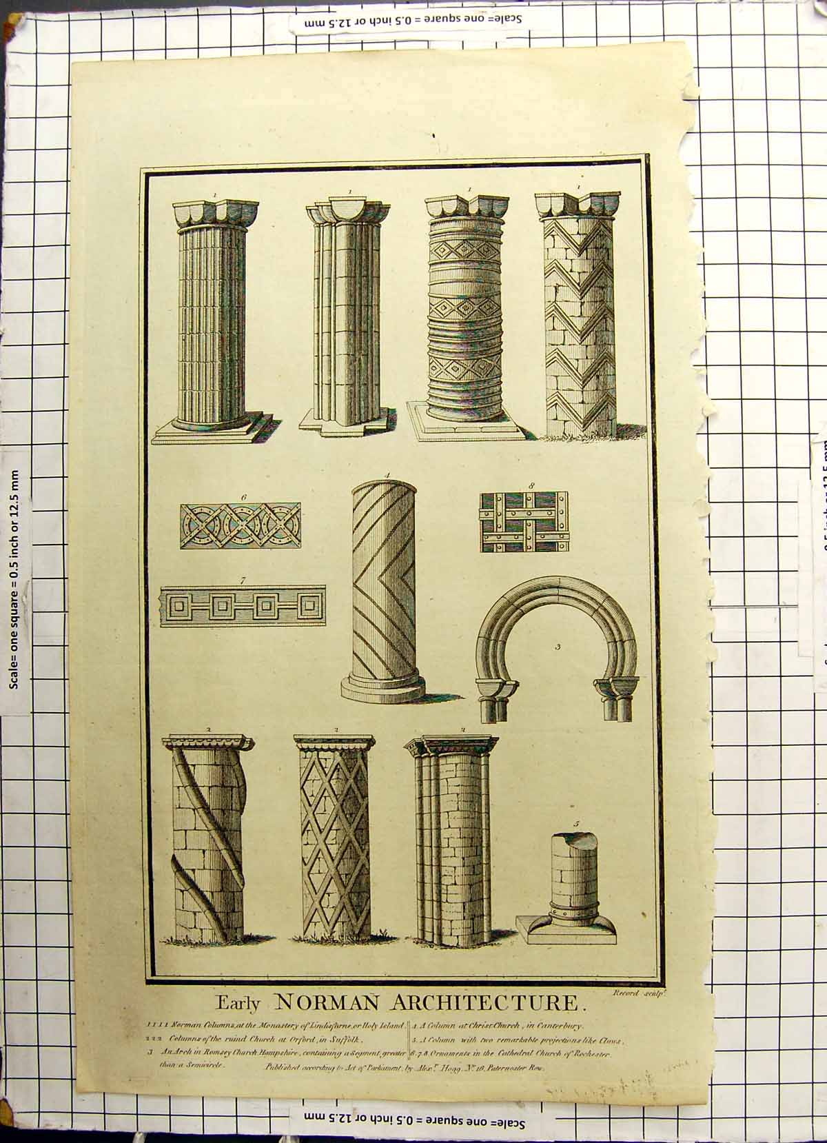 Old Antique Print Early Norman Architecture Record Columns Arch Ornaments