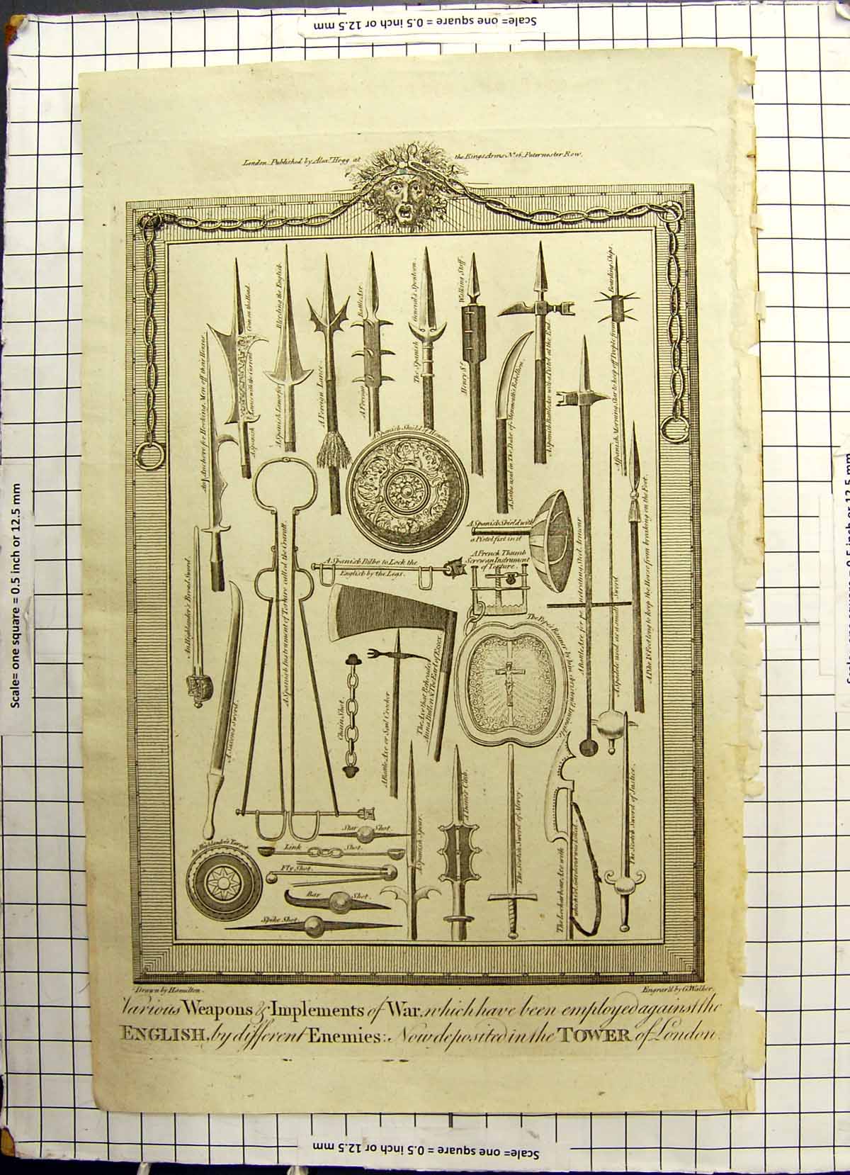 Antique Print War Weapons Implements Employed Against English Tower London