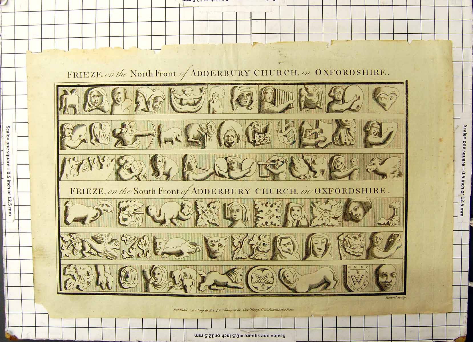 Antique Print Adderbury Church Oxfordshire North South Front Frieze Record