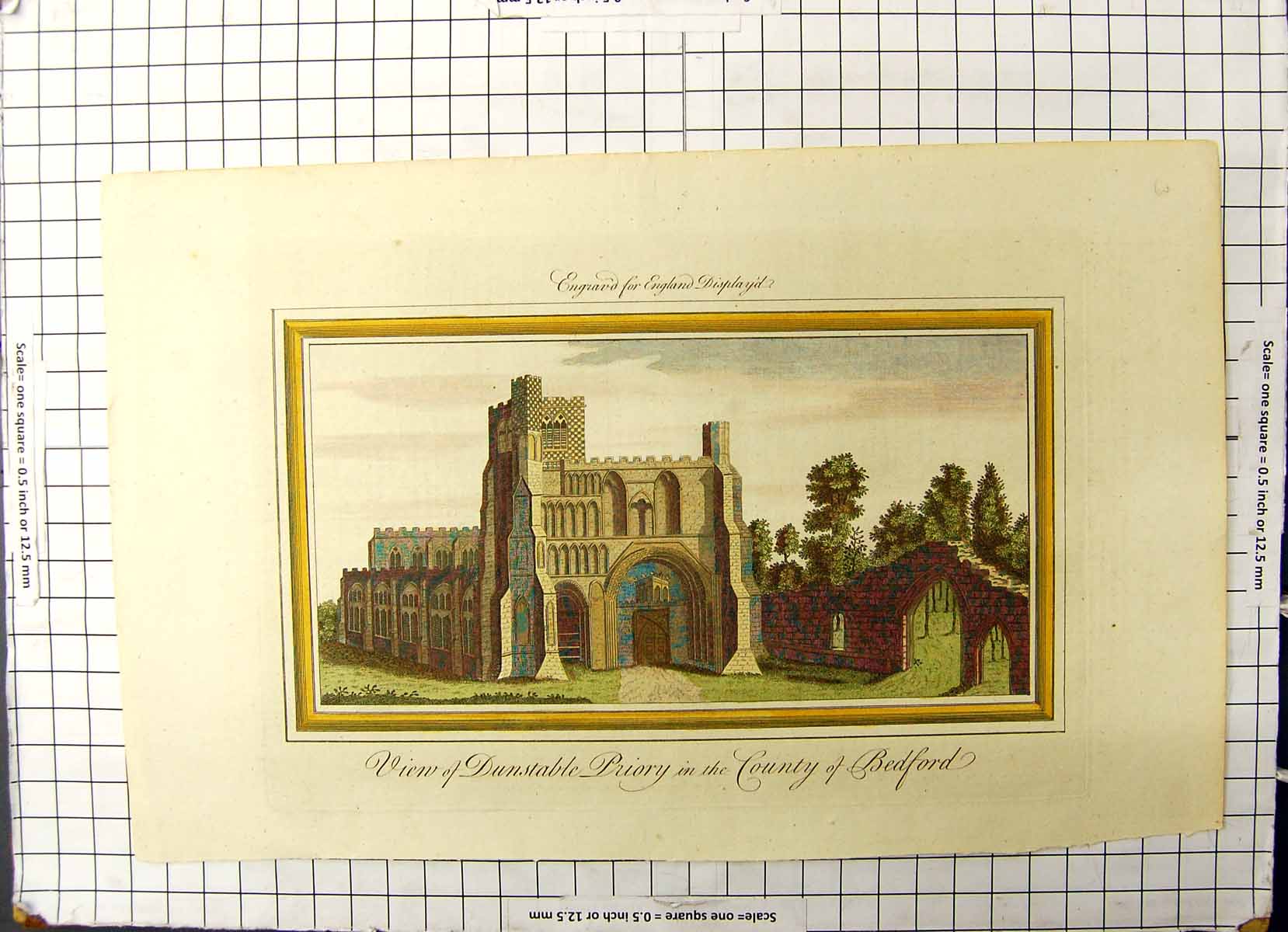 Original Old Antique Print Colour Dunstable Priory View County Bedford England