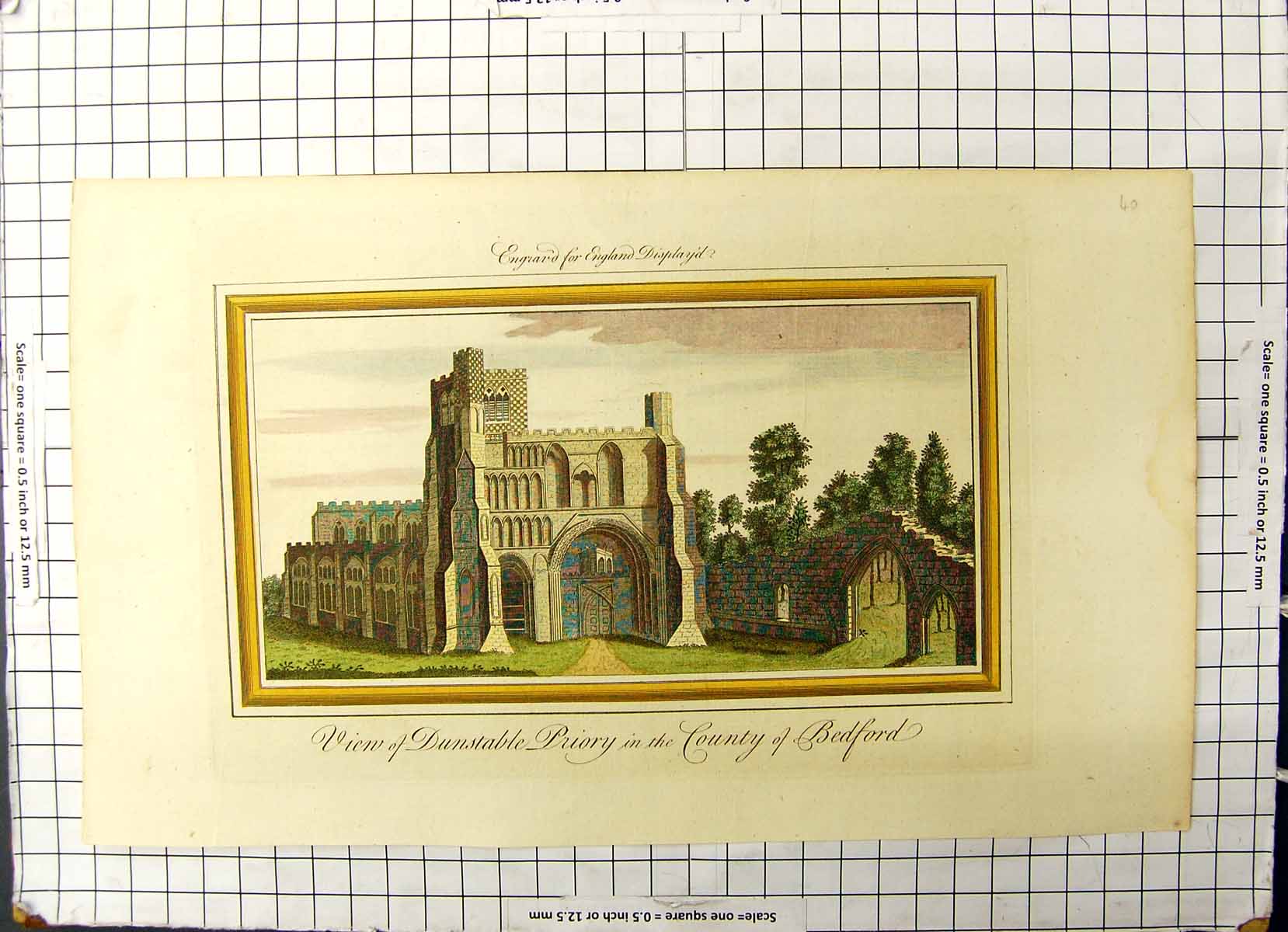 Antique Old Print Colour Dunstable Priory View County Bedford England Ref.2