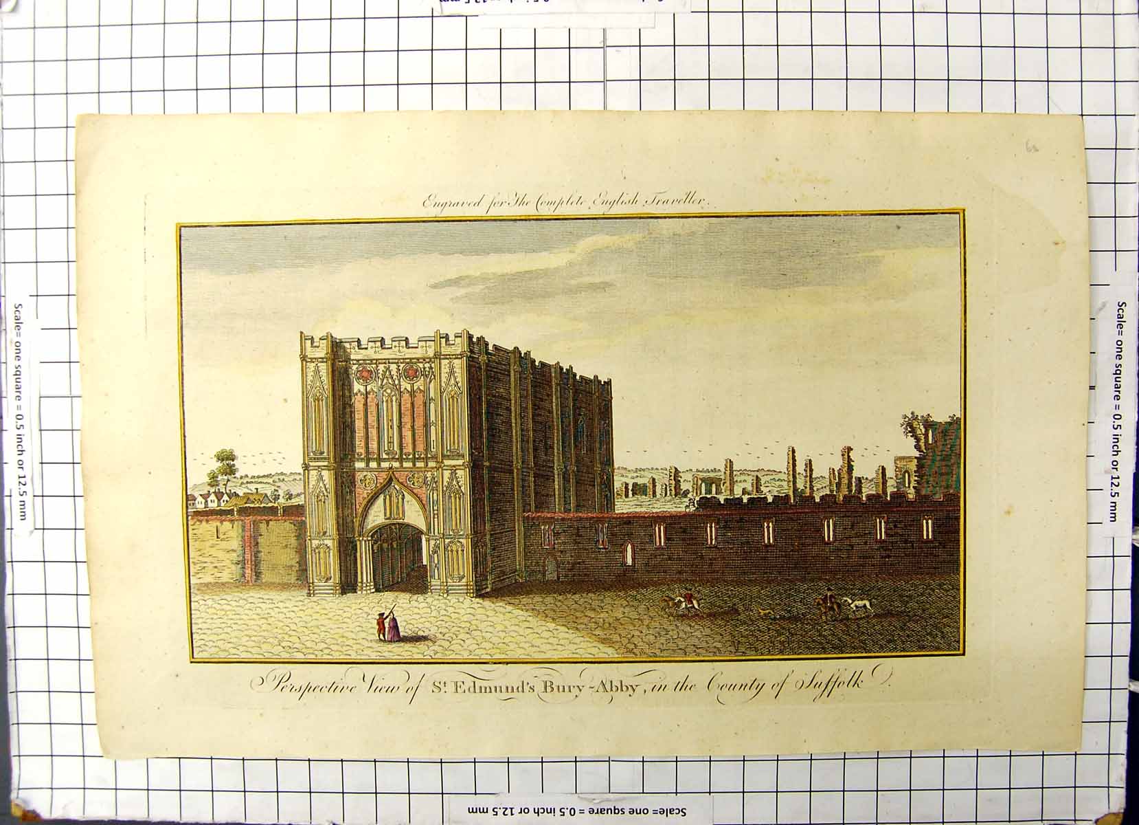 Antique Old Print Colour Edmunds Bury Abby Perspective View County Suffolk