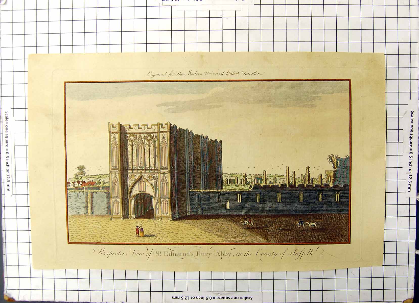 Old Print Colour Edmunds Bury Abby View County Suffolk British Traveller