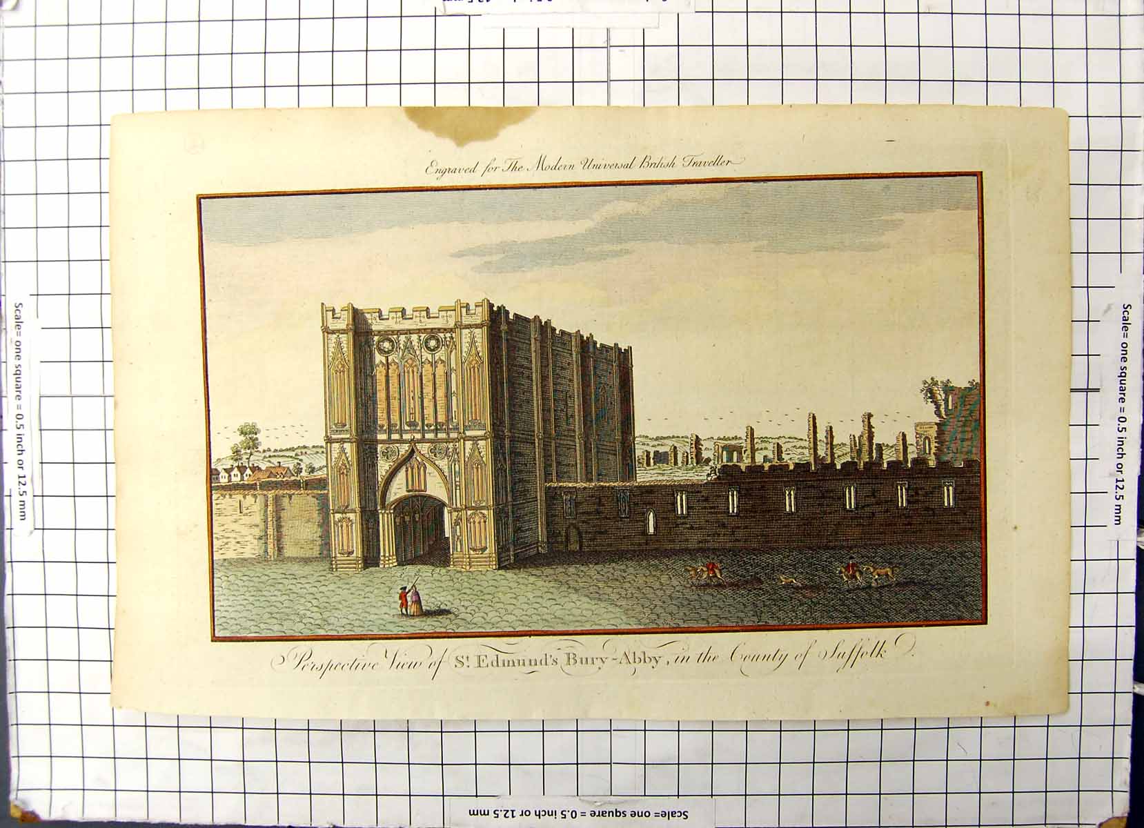 Old Print Colour Edmunds Bury Abby View County Suffolk British Traveller